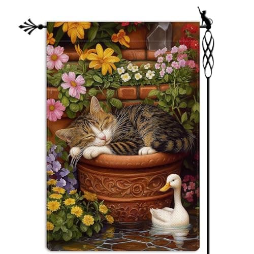 Jauageon Spring Tabby Cat & Duck Garden Flag Spring Summer Floral Flower Garden Flag Vertical Double Sided Rustic Farmland Burlap Yard Lawn Outdoor Decor 12.5x18"