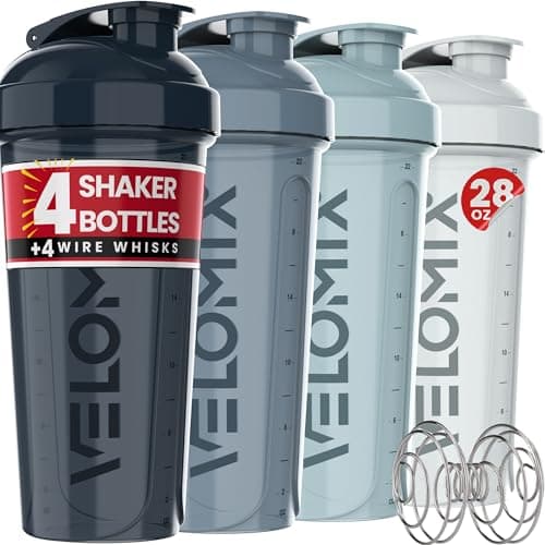 VELOMIX -4 PACK 28 Oz Protein Shaker Bottle for Protein Mixes - 4x Wire Whisk | Leak Proof Shaker Cups for Protein Shakes | Large, Stackable Protein Shaker Bottles Pack | Dishwasher Safe (Aqua Depths)