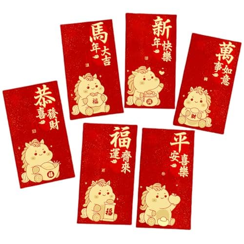 SNUGFX 12PCS Chinese New Year Red Greeting Card, Chinese Traditional Lucky Money Hong Bao Red Pockets for 2026 Horse Spring Festival,Lunar New Year,6 Designs (Horse JC6935)