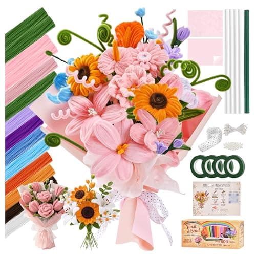 800 PCS Pipe Cleaner Flower Kit, 12 Colors Chenille Stems Craft Kit with Floral Stems, Tape, Stamens, Ribbons, Manual - Make DIY Flowers for Heartwarming Gifts, Family Crafts, Cozy Decor & Bonding