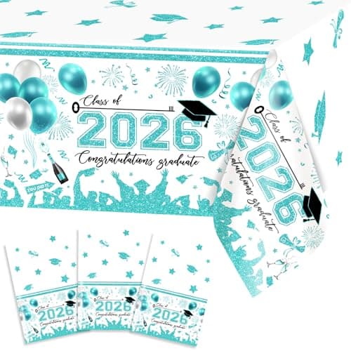 Avezano 3 pcs Graduation Tablecloths 108 x 54 inch Graduation Table Cloths Class of 2026 Teal and White Grad Party Tablecover Decorations Plastic Disposable