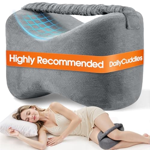 DailyCuddles Knee Pillow for Side Sleepers with Strap, Supportive Memory Foam Leg Pillow for Side Sleeping & Spine Support, Ergonomic Curved Design for Hips and Back, Light Grey