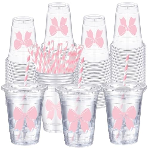 Sliner 25 Pcs 16 oz Coquette Disposable Plastic Cups with Straw for Party Supplies Bow Cups Birthday Wedding Bridal Engagement Party Drinkware Baby Shower Decoration (Pink Bow)