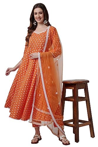 miss fame Women's Cotton Anarkali Kurta with Pants and Dupatta - (Orange, 3X-Large)