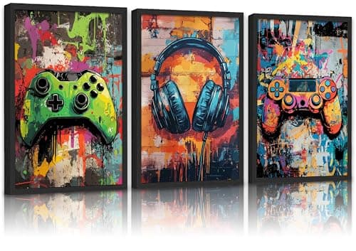 3Pcs Cool Gaming Wall Art Retro Video Gamer Watercolor Graffiti Posters Colorful Neon Gamepad Picture Painting Canvas Prints Artwork for Kids Boys Room Game Room Teen Bedrom Decoration, Unframed