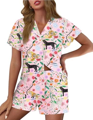 Ekouaer Pajamas for Women Set Button Up Pjs Ruffle Sleeve Sleepwear Notch Collar Bride Soft Pj Lounge Sets Pink Leopard L