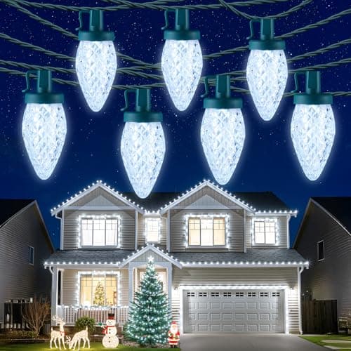 Minetom C9 LED Christmas Lights Outdoor, 81FT 100 LED C9 String Lights, Waterproof, Connectable, 8 Modes, with Timer & Memory Function for Tree Home Yard Party Indoor Outside, Cool White