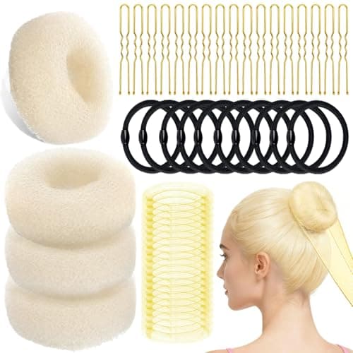 YINGFENG 134 Pcs Beige Hair Bun Maker Kit Medium - 4 Bun Hair Pieces for Women, 20 Hair Net for Buns, 100 Bobby Pins for Women, 10 Hair Bands, for Ballet Styling, Hair Accessories for Girls