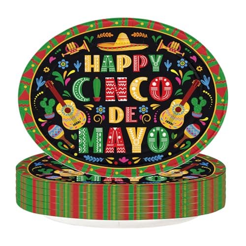50Pcs Cinco De Mayo Oval Paper Plates 10" x 12" Large Disposable Heavy Duty Mexican Fiesta Paper Platters Black Mexico Taco Fiesta Dessert Plates for Mexican Cinco De Mayo Festive Party Supplies