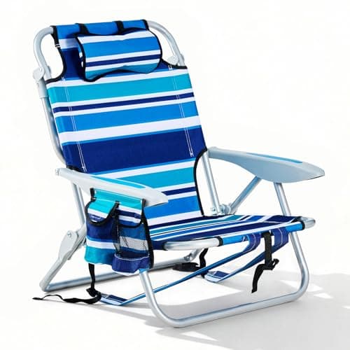 Canpsky Portable Beach Chair f...Cup Holder, Heavy Blue Striped