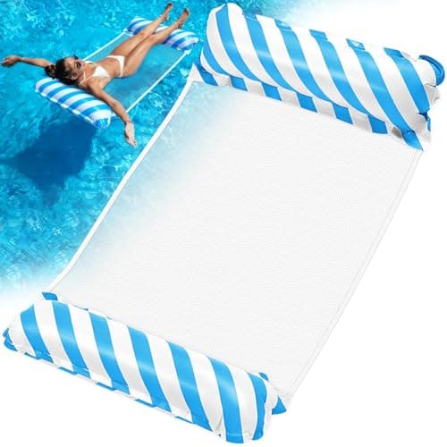 Inflatable Pool Float Hammock for Adults – 4-in-1 Floating Lounger Chair with Headrest & Footrest – Portable Mesh Water Hammock for Pool, Beach, Lake – Blue Striped Floatie for Summer Relaxation