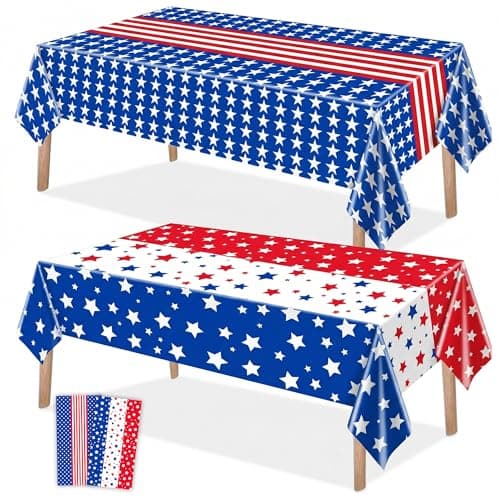 Woaoce 2 Pack 4th of July Plastic Tablecloths 54 x 108 Inch, Red White Blue Stars & Stripes Patriotic Disposable Table Covers for Independence Day Memorial Day Party Decorations