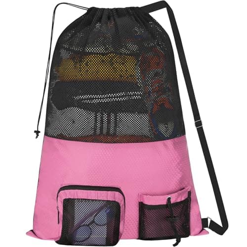 NATURAL STYLE Mesh Drawstring Gym Swim Beach bag, Large Waterproof Pool Sports Backpack for Swimming Gear Workout Yoga Travel (Pink)