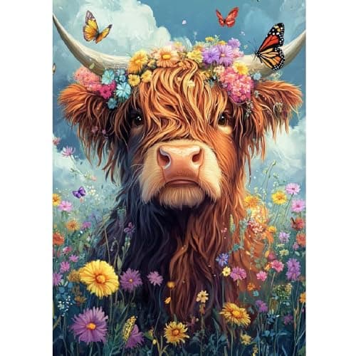 ZQEATRY Highland Cow Diamond Art Kits for Adults,Flowers and Butterfly Diamond Art kit for Adults,5D DIY Animal Full Round Drill Diamond Dots Gem Art Crafts,Home Wall Decor 12 x 16 Inch
