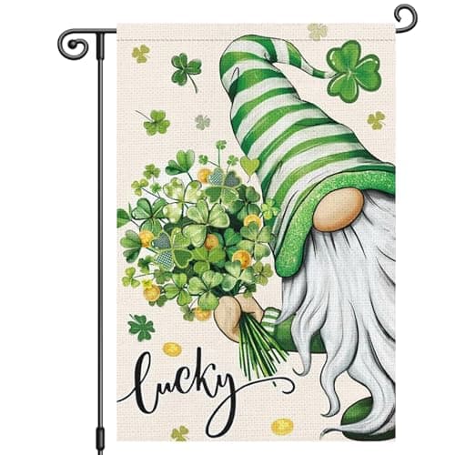 Louise Maelys St Patrick's Garden Flag Gnome Lucky Shamrock Clover 12x18 Inch Double Sided Floral Small Burlap Welcome Saint Patricks Spring Holiday Yard Sign Outside House Decor