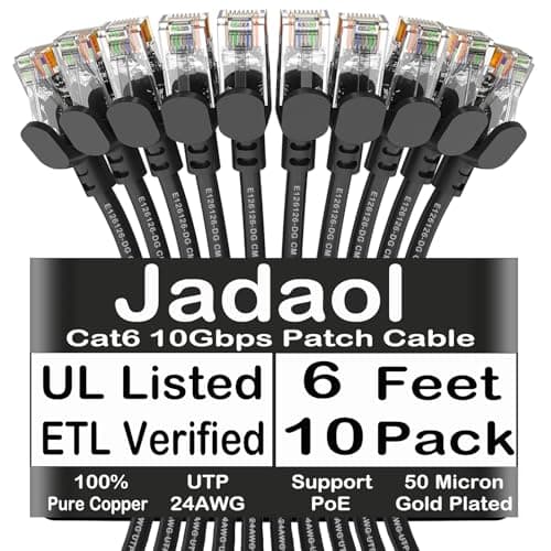 Jadaol Cat6 6ft 10 Pack Patch Cable, 10Gbps High-Speed Ethernet Patch Cables, Support Cat8/7 Network, 24AWG Pure Copper, RJ45 Gold-Plated Connectors, LAN Network Cable for Patch Panel to Switch, Black