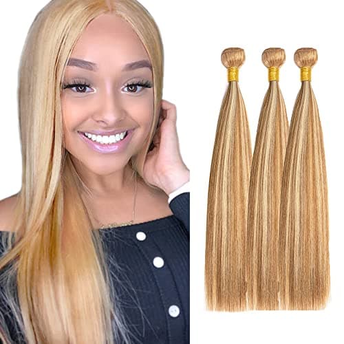 14 14 14 Inch P27/613 Highlight Blonde Bundles Human Hair Straight Bundles Honey Blonde Straight Bundle Unprocessed Brazilian Virgin Weave Hair 3 Bundle 50 Gram Per Bundle