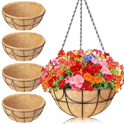 EINYEXW 12 Inch 4 Pack Hanging Baskets Planters for Outdoor Plants - Wire Hanging Baskets Plant for Plants Outdoor with Coco Liners Minimalist Metal Hanging Pots for Outside Garden Patio Porch Decor