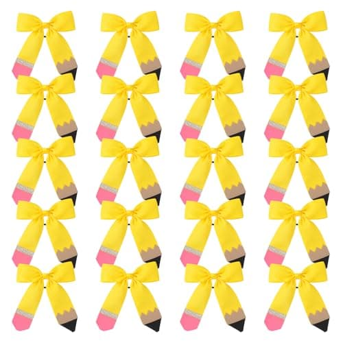 20PCS Hair Bows Ties Cheer Hair Bow with Ponytail Holder Elastic Band Handmade for Kindergarten Women Hair Accessories Outfits（Pencil Yellow）