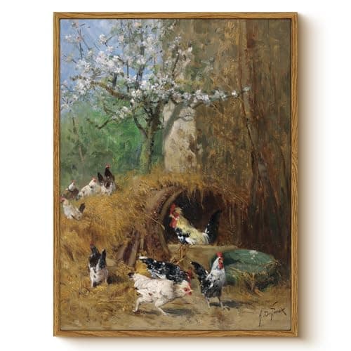 Rustic Farm Animal Framed Canvas Wall Art 12x16 Inch, Vintage Chicken Coop and Rooster Oil Painting Cottagecore Artwork, Classic Living Room Farmhouse Country Kitchen Dining Room Decor