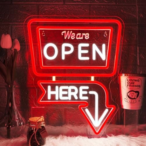 ineonlife We Are Open Here Neon Sign Red Neon Signs for Wall Decor Led Lights for Bar Man Cave Club Store Hotel Restaurant Coffee Shop Business Decor Gifts