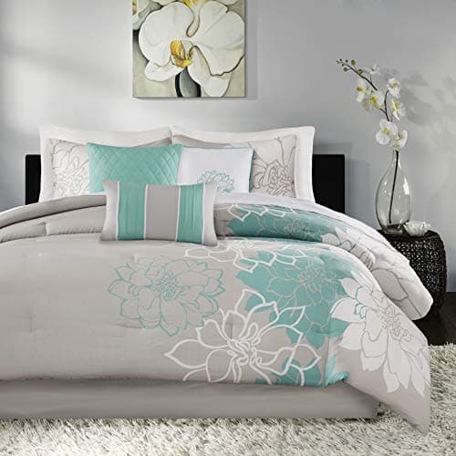 Madison Park Lola Sateen Cotto...s, Cal King, Grey/Aqua 7 Piece