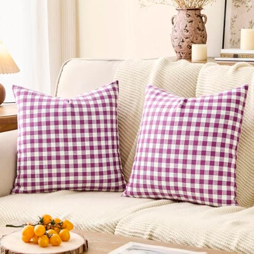 Gingham Throw Pillow Covers 18x18 Set of 2, Outdoor Buffalo Plaid Decorative 18 x 18 Couch Pillows, Farmhouse Lavender Checkered Throw Pillow Covers for Home Living Room Bedroom Decor （Purple