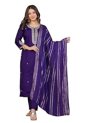 FOXDX Women's Silk Blend Embroidered Straight Kurta Pant Set with Chanderi Dupatta (Purple, Large)