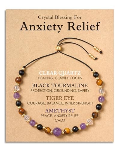 HGDEER Anxiety Relief Items Beaded Bracelets for Women Stress Relief Crystal, Healing Amethyst Tigers Eye Depression Jewelry Gemstone Purple Stone Tourmaline Natural Gifts Panic Attack Mental
