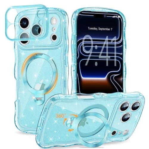 Magnetic for iPhone 17 Pro Max Case Clear, Sparkly Bling Glitter Cute Curly Wave Transparent Cover for Women, Compatible with MagSafe ShockProof Phone Glitter Case with 360° Spin Stand 6.9", Blue