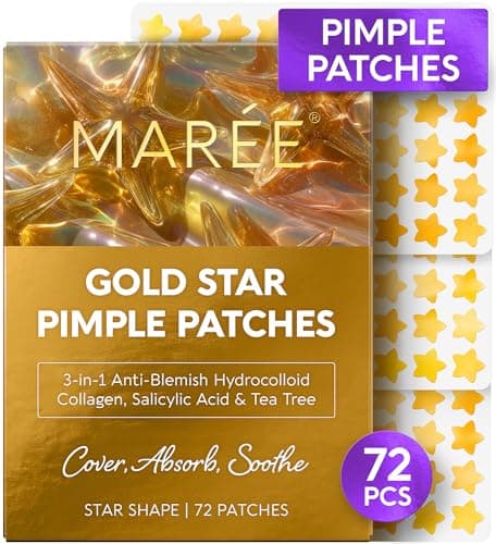 MAREE Gold Star Pimple Patches for Face - Acne Patches Stars with Salicylic Acid - Cute Hydrocolloid Pinple Patch for Kids, Teens, Adults Large Zit Stickers 72 Count (Pack of 1)