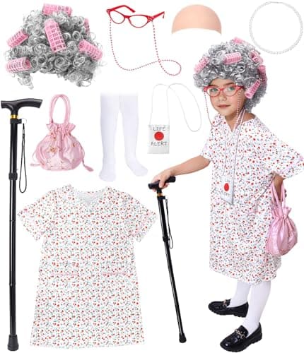 CONGRU 9 PCS Old Lady Costume for Kids,100 Days of School Costume for Girls, Grandma Wig & Dress Granny Cosplay (3-5Y)