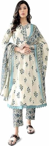 RETRO RETREAT COIN Women's Rayon Printed Embrodriery Anarkali Kurta With Palazzo & Dupatta Set (US, Alpha, Large, Regular, Regular, Blue)