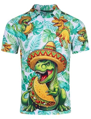 Fanient Men's Mexican Dinosaur Golf Polo Shirt -Quick Dry Performance Short Sleeve Novelty Western Golf Shirt for Cinco De Mayo, Golf Course, Fiesta Party Size XXL