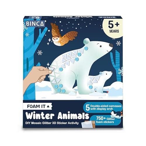 BINCA Foam Sticker Mosaic Art Activity, 750+ 3D Glitter Foam Stickers, 5 Winter Animals with Display Arch, DIY Mess-Free Activities, Gifts for Boys & Girls Ages 5,6,7,8