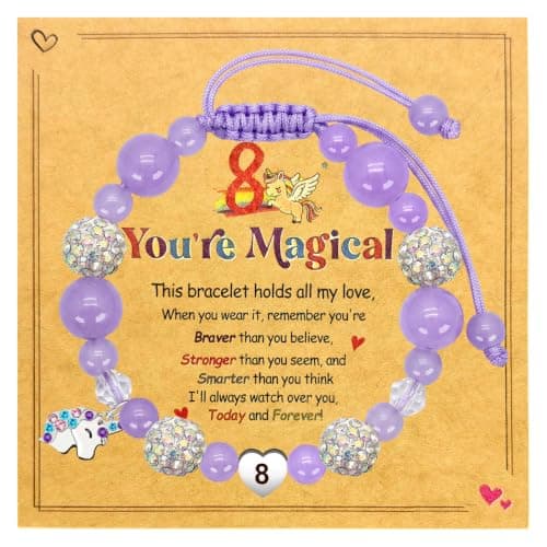 Unicorn Bracelet with Birthday Number for Girls Ages 8 Purple Braided Unicorn Bracelet with Heart Birthday Number Charm Adjustable Beaded Glass Bracelet Jewelry Gift in Premium Silver Gift Box