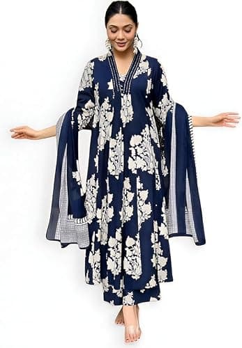 KAPLY Women's Rayon Blend Anarkali Printed Kurta with Palazzo & Dupatta (US, Alpha, 5X-Large, Regular, Regular, Standard, Navy Blue)