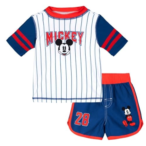 Disney Mickey Mouse Toddler Boys Raglan Rash Guard and Swim Trunks UPF 50+ Outfit Set White/Blue/Red 3T