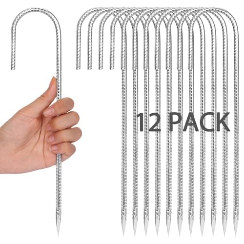 CEWOR 12 Pack 12 Inch Rebar Stakes, J Hook Heavy Duty Tent Stakes Metal Ground Stakes Galvanized Ground Anchors for Chain Link Fence, Trampoline, Camping, Canopy, Outdoor Decorations
