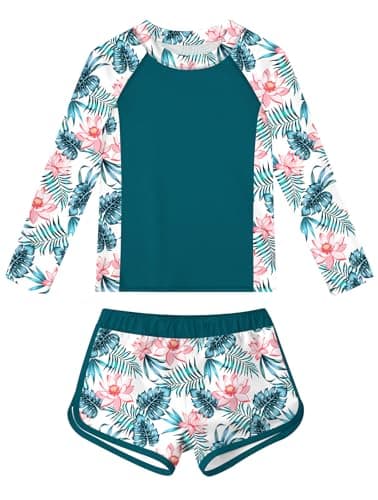 Teen Swimsuit Girls Two Piece Rash Guard Bathing Suit Size 15-16T Long Sleeve UPF 50+ Sun Protection Hawaaiian Swim Suit for Pool