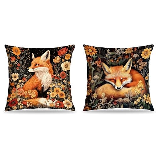 FITIE William Morris Inspired-Boho Floral Fox Pillow Covers 18x18 Set of 2, Cottagecore Room Home Decor, Dark Floral Botanical Cute Fox Forest Animal Decor Pillow Covers for Home Living Room Bedroom