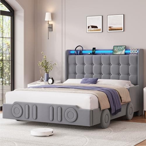 Keyluv Full Car Bed Frame with...ee, Easy Assembly, Velvet Grey