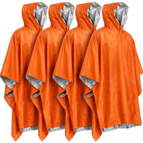 YIPINLAOBAIXING Emergency Mylar Poncho with Hood – Lightweight & Compact Survival Rain Poncho, Reusable Thermal Emergency Blanket for Hiking, Camping, Car Kit, Outdoor Gear (4 Pack)