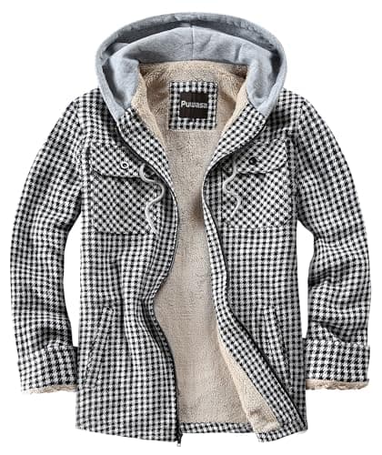 Puwasa Men's Full Zip Sherpa Lined Flannel Jacket Fleece Hooded Plaid Jacket with Hood for Men Black Small