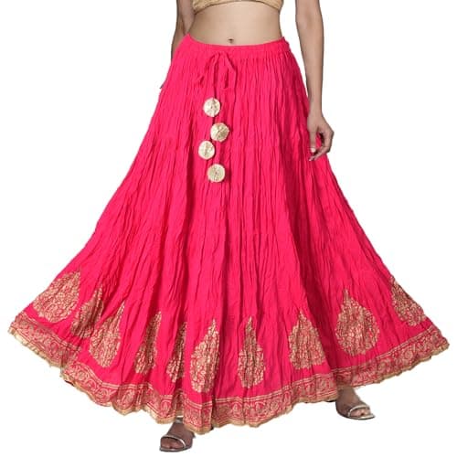 Chadrakala Women's Rayon Cotton Indian Ethnic Lehenga Flaire Long Maxi Ghagra Skirt Embroidered Border,One Size, Pink (S112PIN)