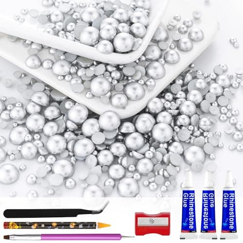 60g Antique Silver Flatback Half Round Pearls Mixed Size 3-10mm Resin Craft Beads for Nail Art, Face Gems, DIY Jewelry Making