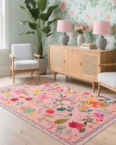 Boho Washable Area Rug 4x6 – F...y, Kitchen, Dining Room (Pink)