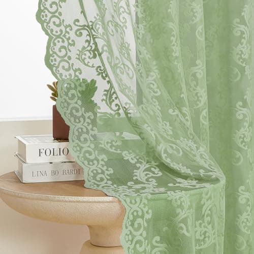 FOLKSIDE Sage Green Lace Curtains 63 Inch Length 2 Panels Paisley Floral Lace Sheer Curtains Rod Pocket Light Filtering Neutral Window Privacy Decor Drapes for Living Room Bedroom, 52x63