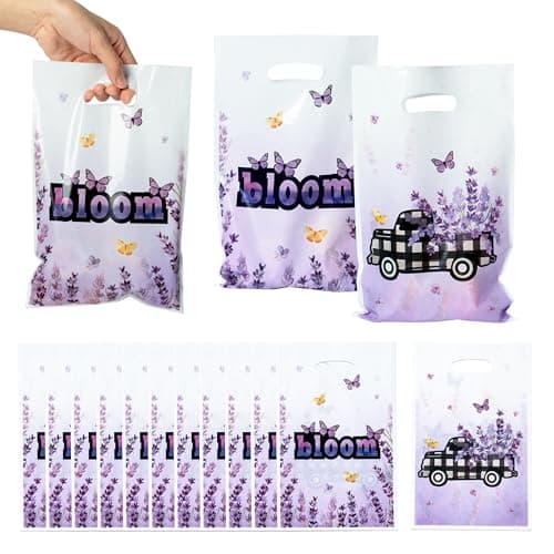 3sscha 50Pcs Lavender Bloom Party Favor Bags - Blossom Purple Flower Plastic Waterproof Goodie Bag Butterfly Floral Spring Gift Party Favor for Kids Birthday Baby Shower Decoration Supplies