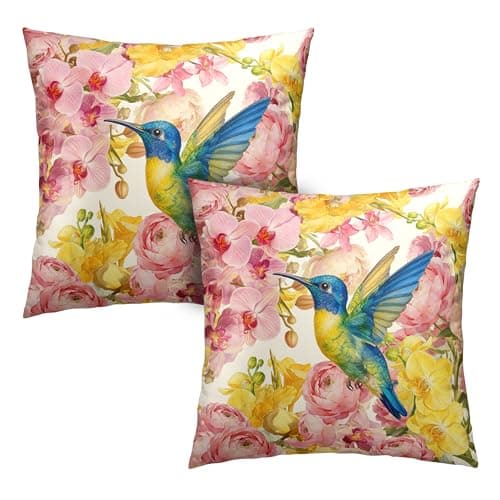 Kwlegh Spring Pillow Covers 18x18 Set of 2 Hummingbird Throw Pillow Covers Pink Yellow Moth Orchid Buttercup Floral Pillow Case for Home Decor Couch Sofa